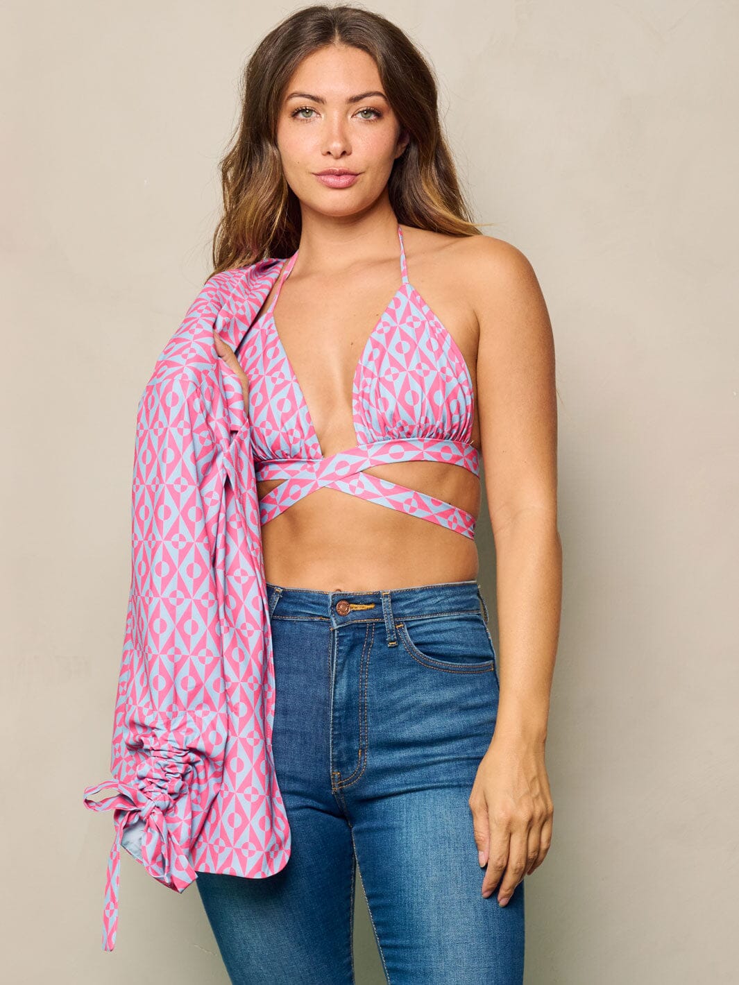 WOMEN'S 3/4 SLEEVES BLAZER & CROP TOP PRINTED 2PC SET.