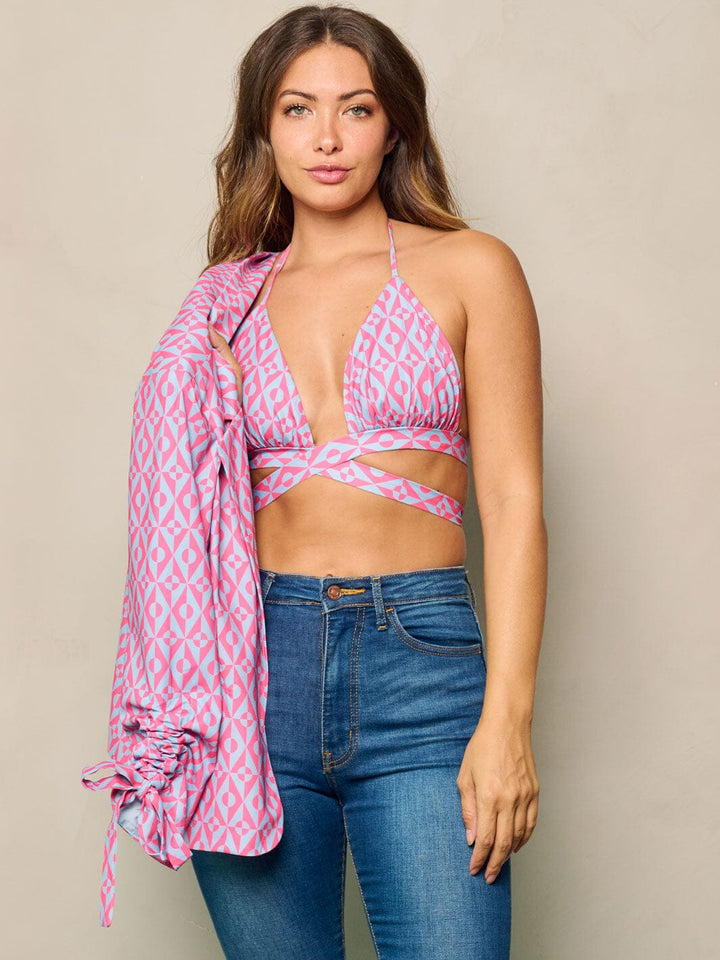 WOMEN'S 3/4 SLEEVES BLAZER & CROP TOP PRINTED 2PC SET.