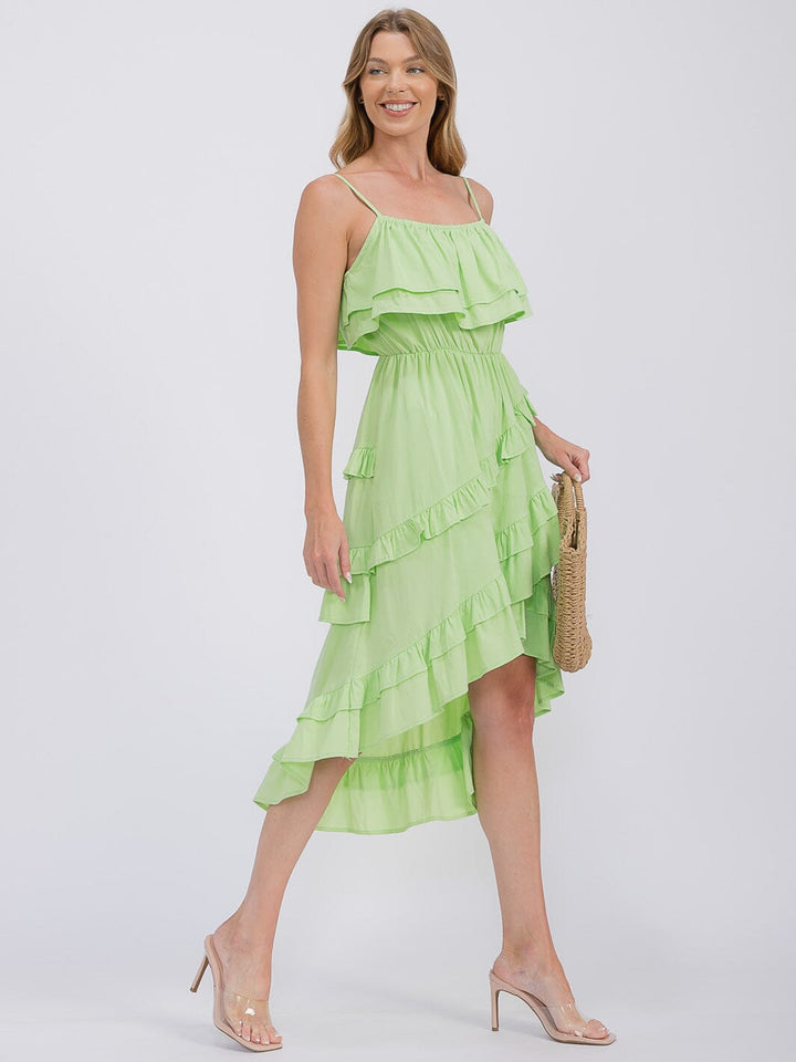 WOMEN'S SLEEVELESS RUFFLE TIERED HIGH-LOW MIDI DRESS