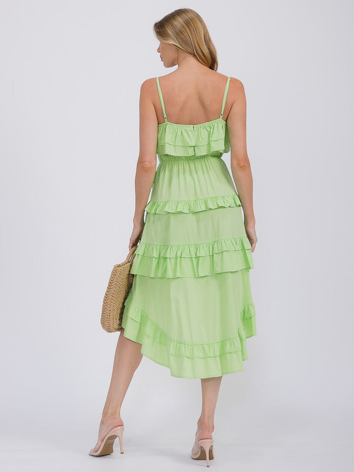 WOMEN'S SLEEVELESS RUFFLE TIERED HIGH-LOW MIDI DRESS