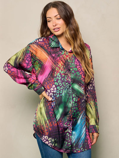WOMEN'S LONG SLEEVE BUTTON UP PRINTED OVERSIZE BLOUSE TOP