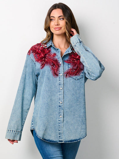 WOMEN'S LONG SLEEVE BUTTON UP FLORAL EMBROIDERY STUDS DETAILED DENIM TOP