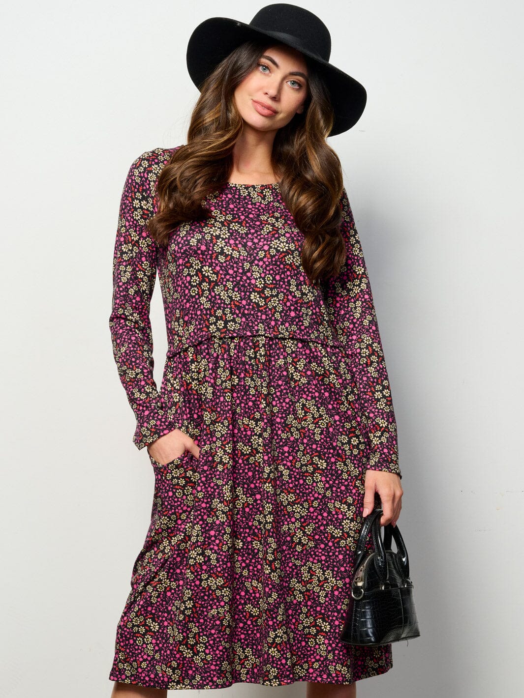 WOMEN'S LONG SLEEVE ELASTIC WAIST POCKETS FLORAL MIDI DRESS