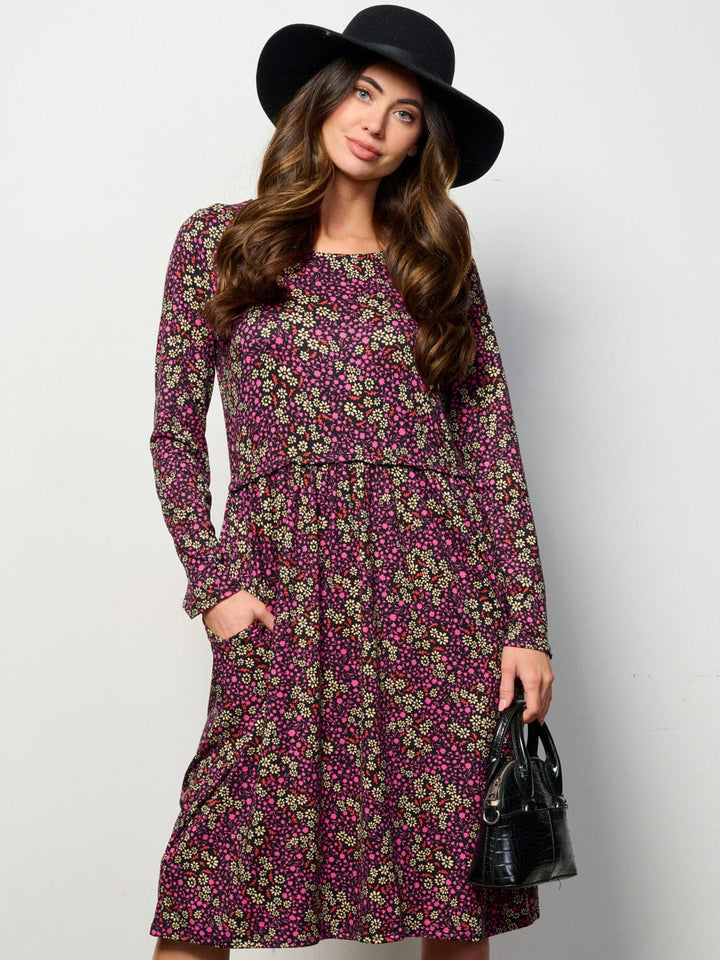 WOMEN'S LONG SLEEVE ELASTIC WAIST POCKETS FLORAL MIDI DRESS