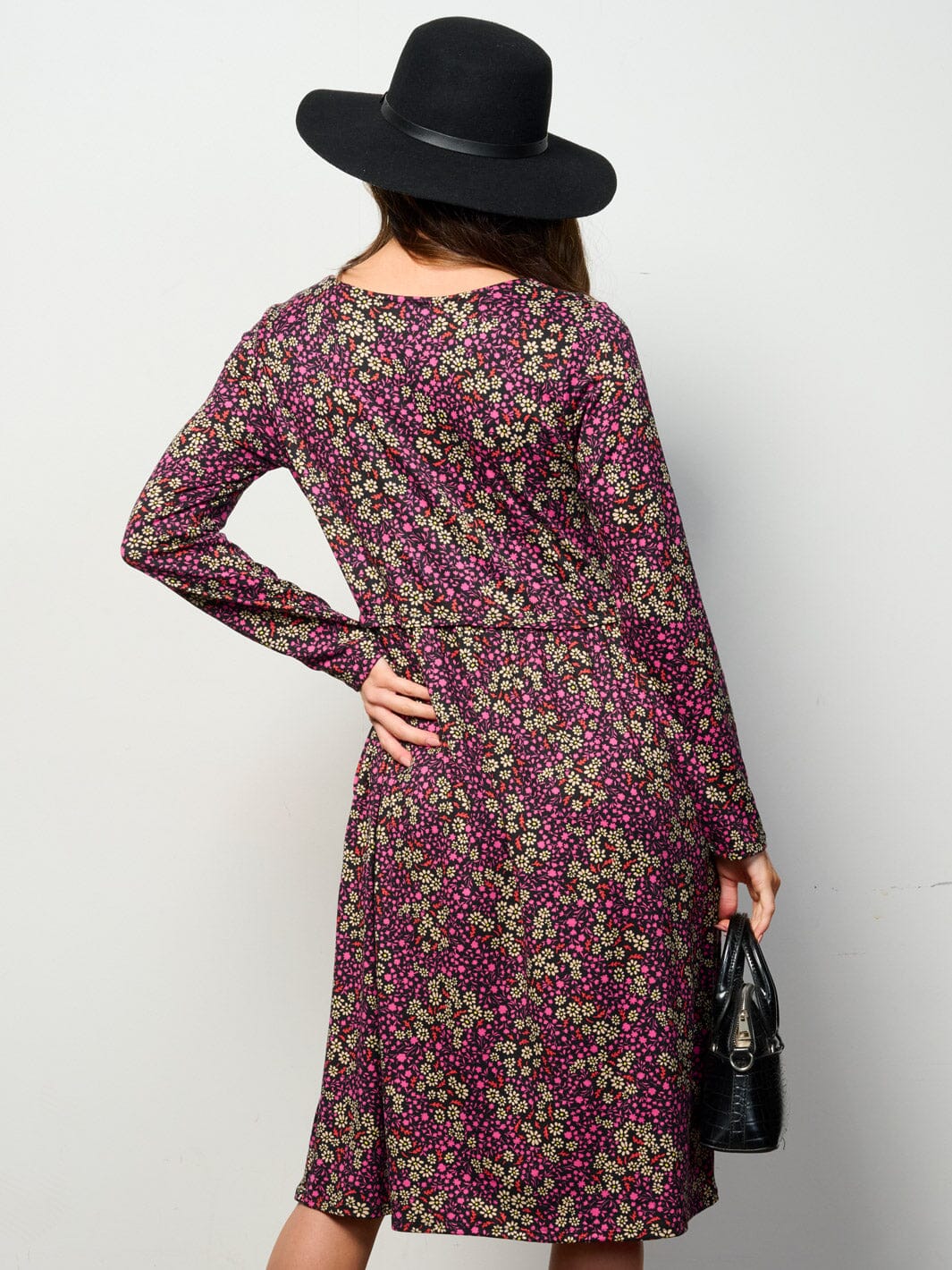 WOMEN'S LONG SLEEVE ELASTIC WAIST POCKETS FLORAL MIDI DRESS