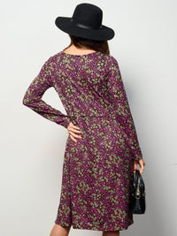 WOMEN'S LONG SLEEVE ELASTIC WAIST POCKETS FLORAL MIDI DRESS