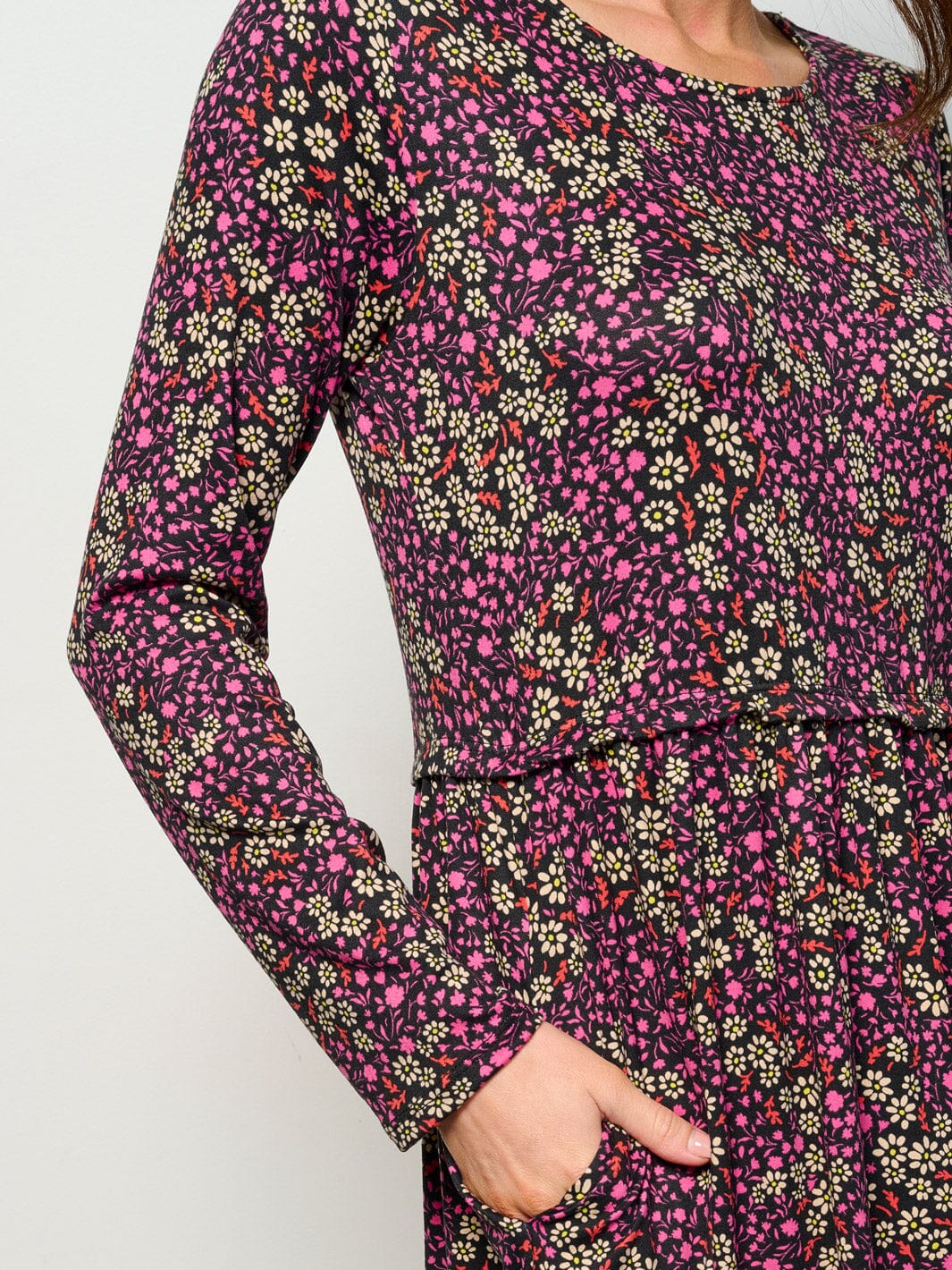WOMEN'S LONG SLEEVE ELASTIC WAIST POCKETS FLORAL MIDI DRESS