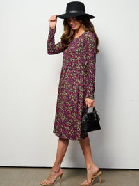 WOMEN'S LONG SLEEVE ELASTIC WAIST POCKETS FLORAL MIDI DRESS