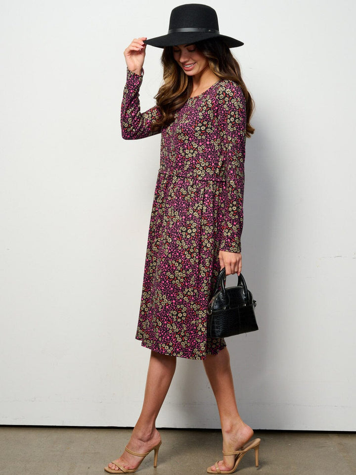 WOMEN'S LONG SLEEVE ELASTIC WAIST POCKETS FLORAL MIDI DRESS