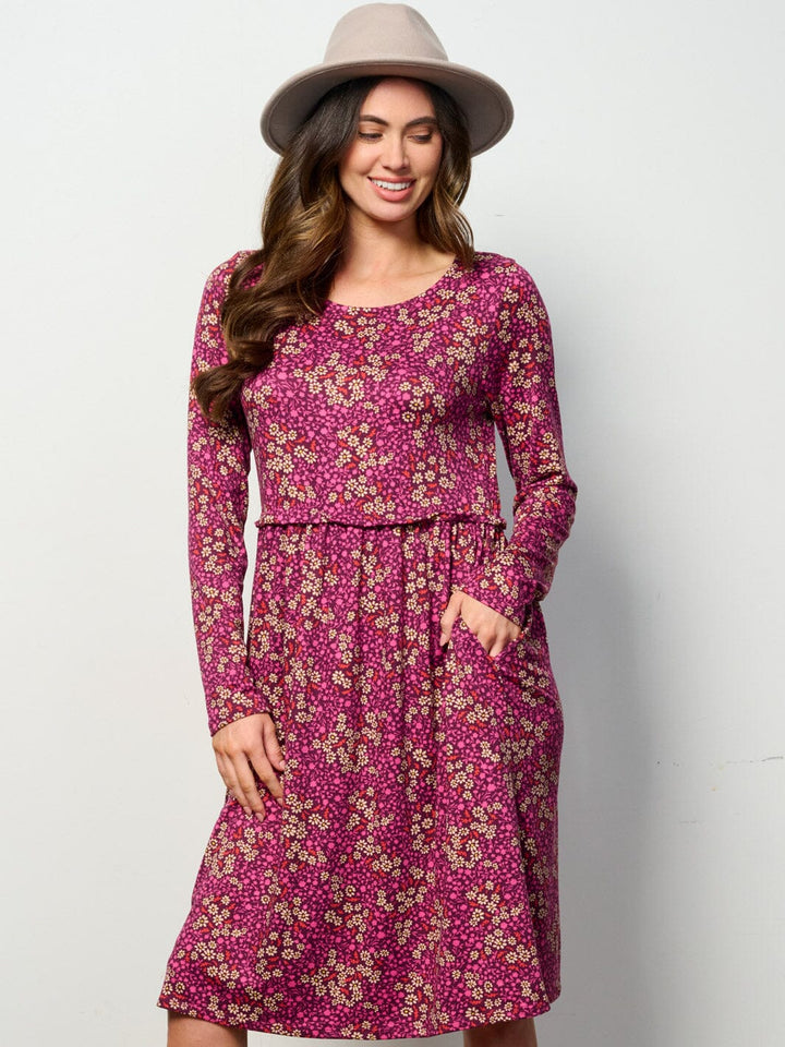 WOMEN'S LONG SLEEVE ELASTIC WAIST POCKETS FLORAL MIDI DRESS