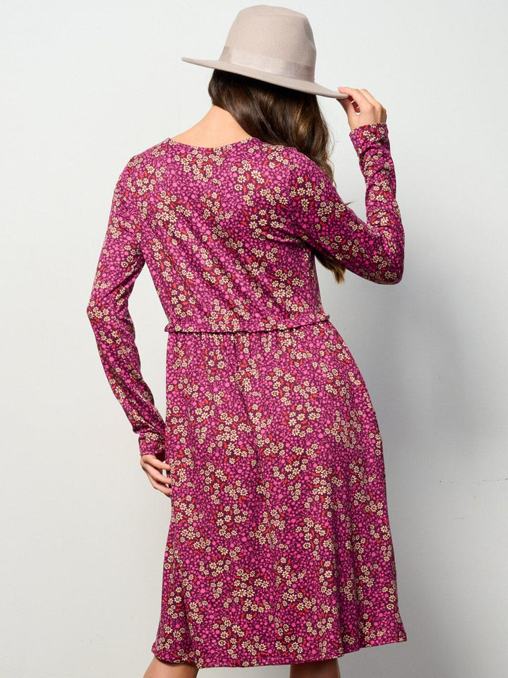 WOMEN'S LONG SLEEVE ELASTIC WAIST POCKETS FLORAL MIDI DRESS
