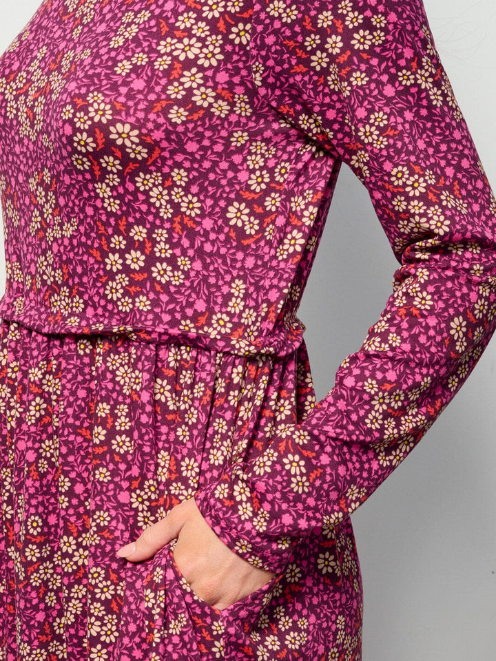 WOMEN'S LONG SLEEVE ELASTIC WAIST POCKETS FLORAL MIDI DRESS