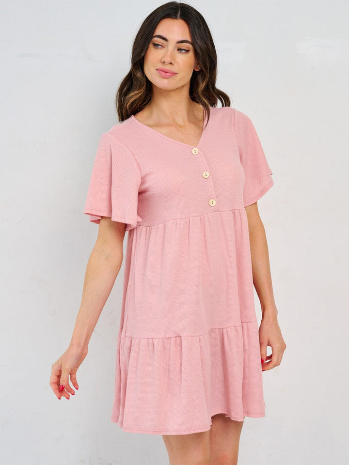 WOMEN'S SHORT SLEEVE BUTTON UP TIERED MINI DRESS