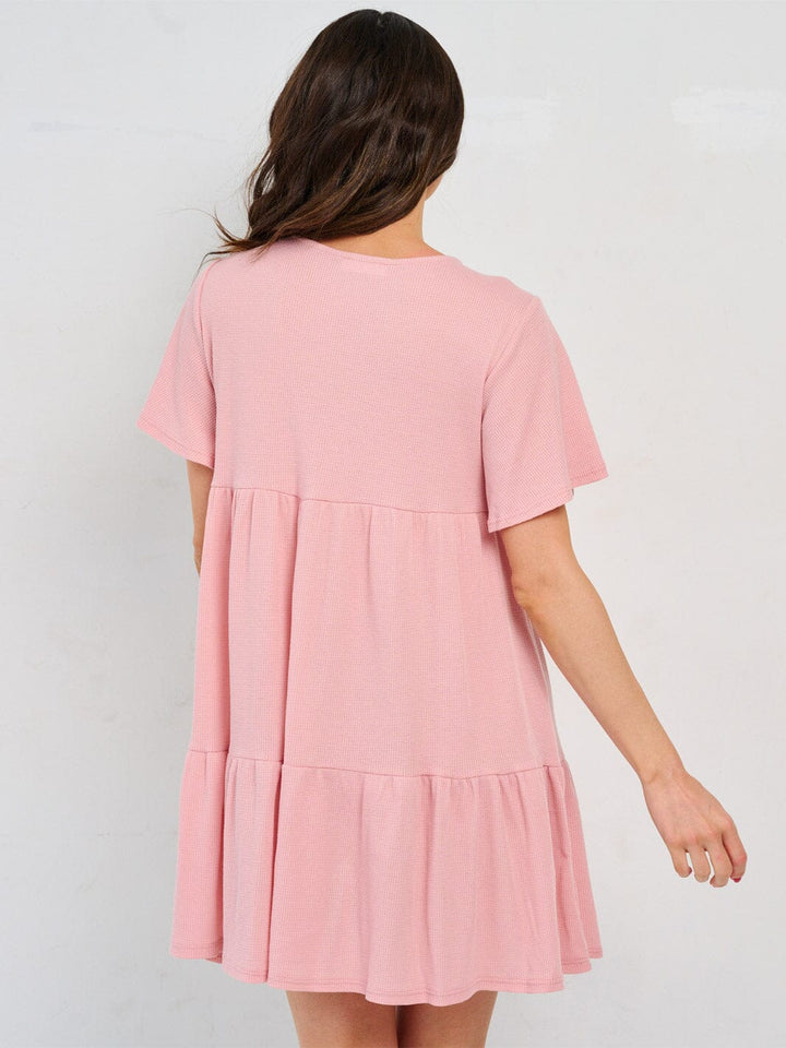 WOMEN'S SHORT SLEEVE BUTTON UP TIERED MINI DRESS