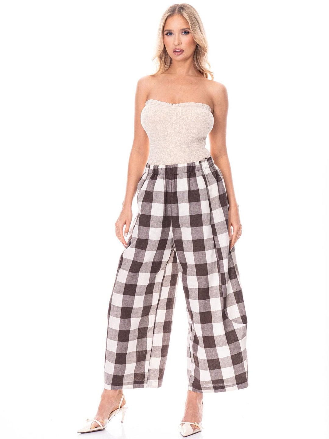 WOMEN'S ELASTIC WAIST FRONT POCKETS PLAID WIDE LEG PANTS