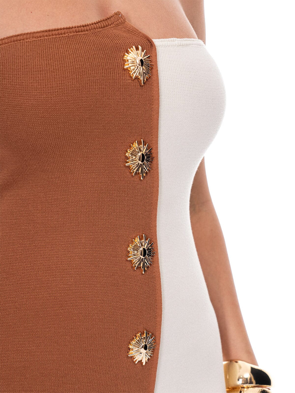 WOMEN'S SLEEVELESS BUTTON DETAILED COLORBLOCK BODYCON TUBE MIDI DRESS