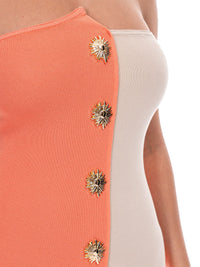 WOMEN'S SLEEVELESS BUTTON DETAILED COLORBLOCK BODYCON TUBE MIDI DRESS