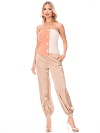 WOMEN'S SLEEVELESS BUTTON DETAILED COLORBLOCK RIBBED TUBE TOP