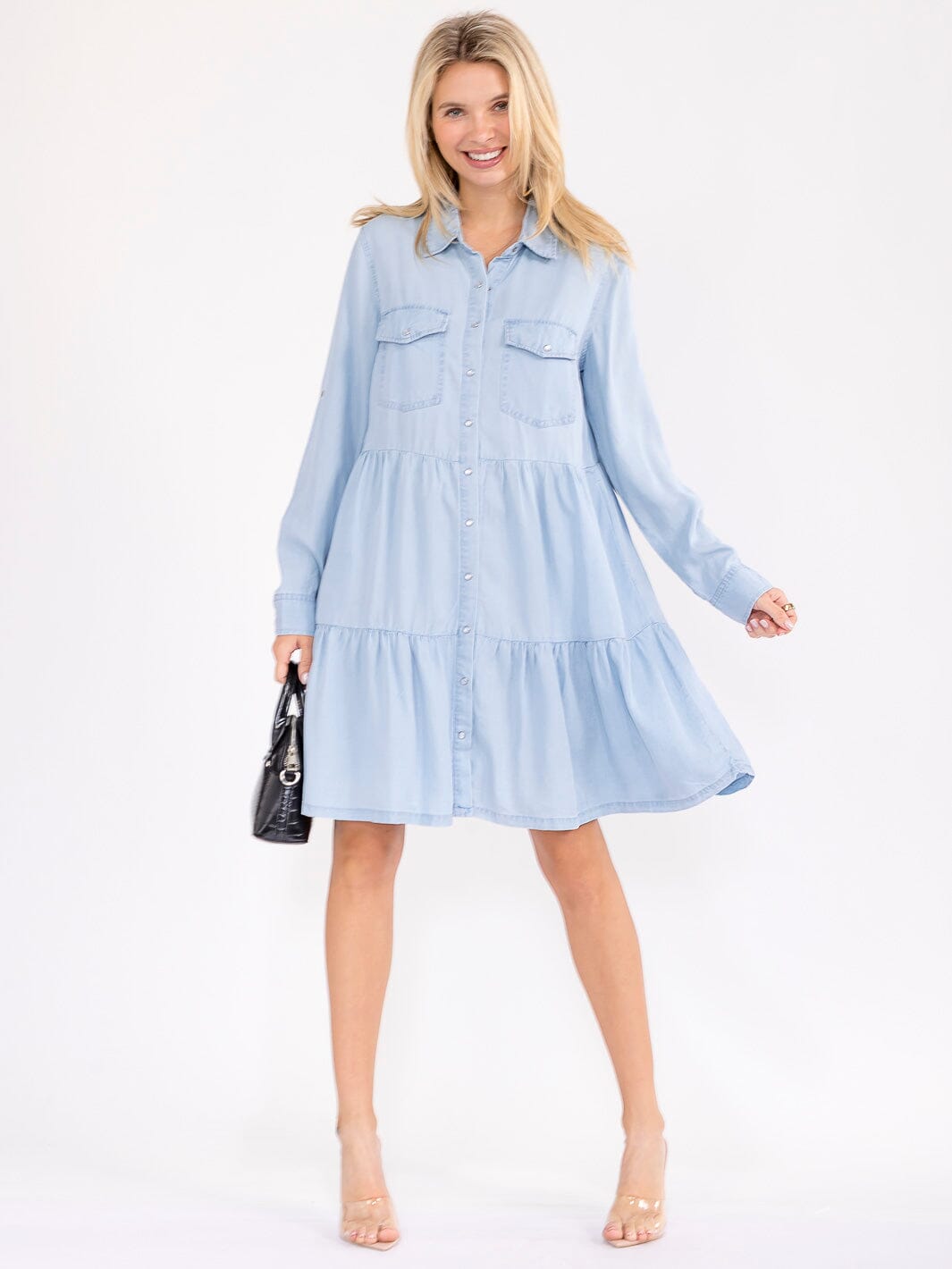 WOMEN'S LONG SLEEVE BUTTON UP FRONT POCKETS TIERED CHAMBRAY MINI DRESS