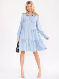 WOMEN'S LONG SLEEVE BUTTON UP FRONT POCKETS TIERED CHAMBRAY MINI DRESS