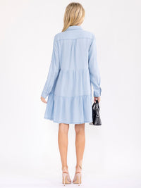 WOMEN'S LONG SLEEVE BUTTON UP FRONT POCKETS TIERED CHAMBRAY MINI DRESS