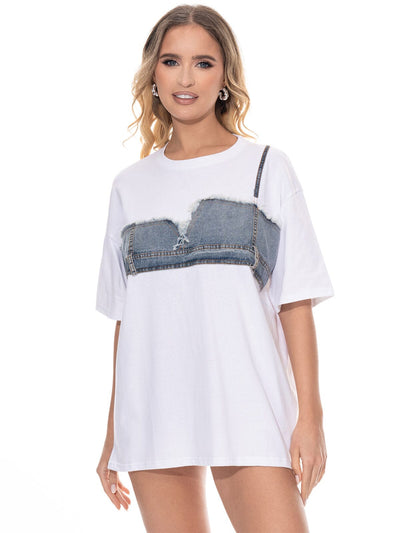 WOMEN'S SHORT SLEEVE DENIM DETAILED TOP
