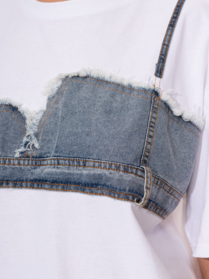 WOMEN'S SHORT SLEEVE DENIM DETAILED TOP