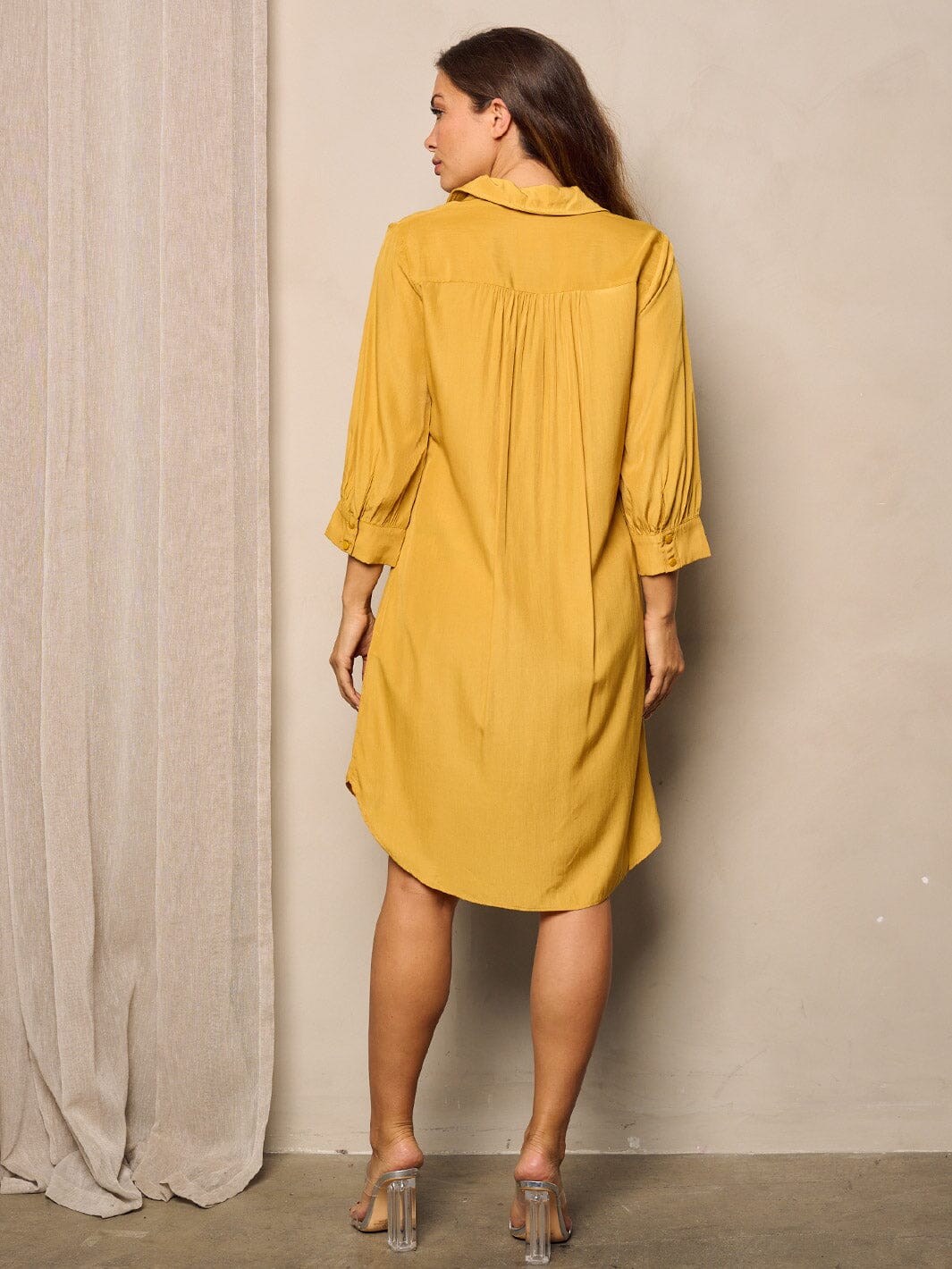 WOMEN'S 3/4 SLEEVES BUTTON UP TUNIC MIDI DRESS