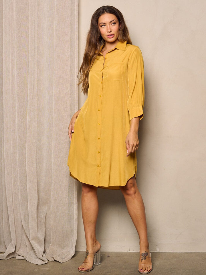 WOMEN'S 3/4 SLEEVES BUTTON UP TUNIC MIDI DRESS