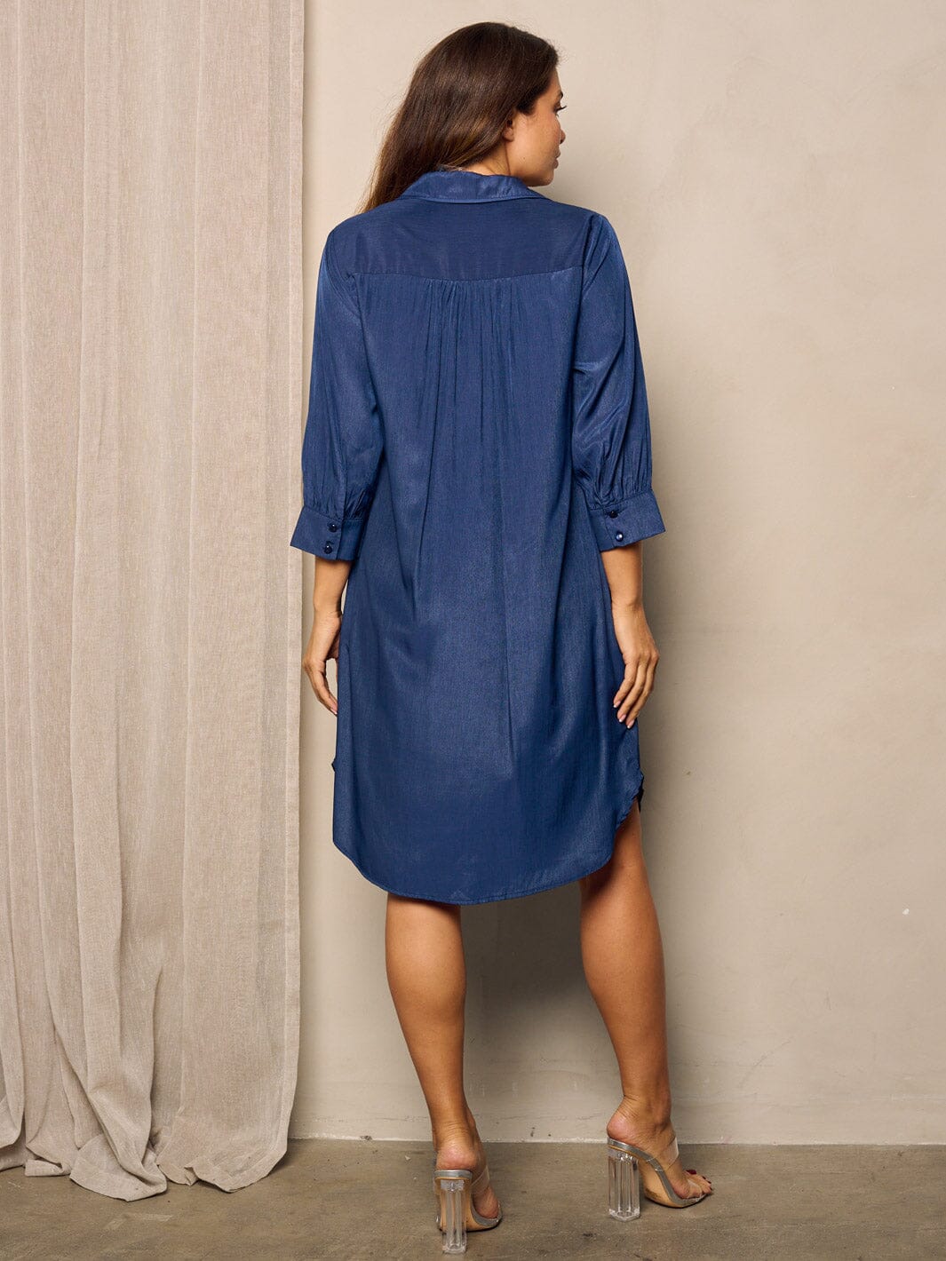 WOMEN'S 3/4 SLEEVES BUTTON UP TUNIC MIDI DRESS