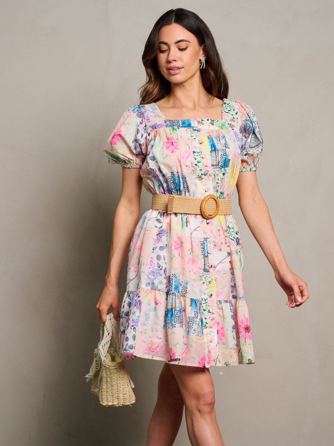 WOMEN'S SHORT SLEEVE BUTTON UP BELTED FLORAL MINI DRESS