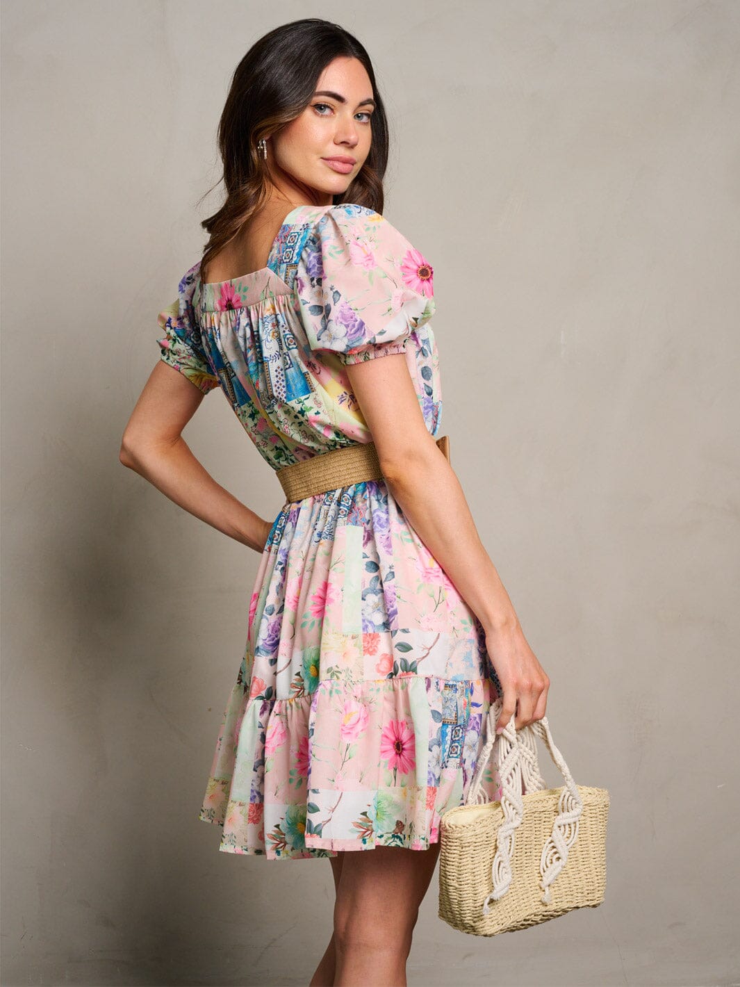 WOMEN'S SHORT SLEEVE BUTTON UP BELTED FLORAL MINI DRESS