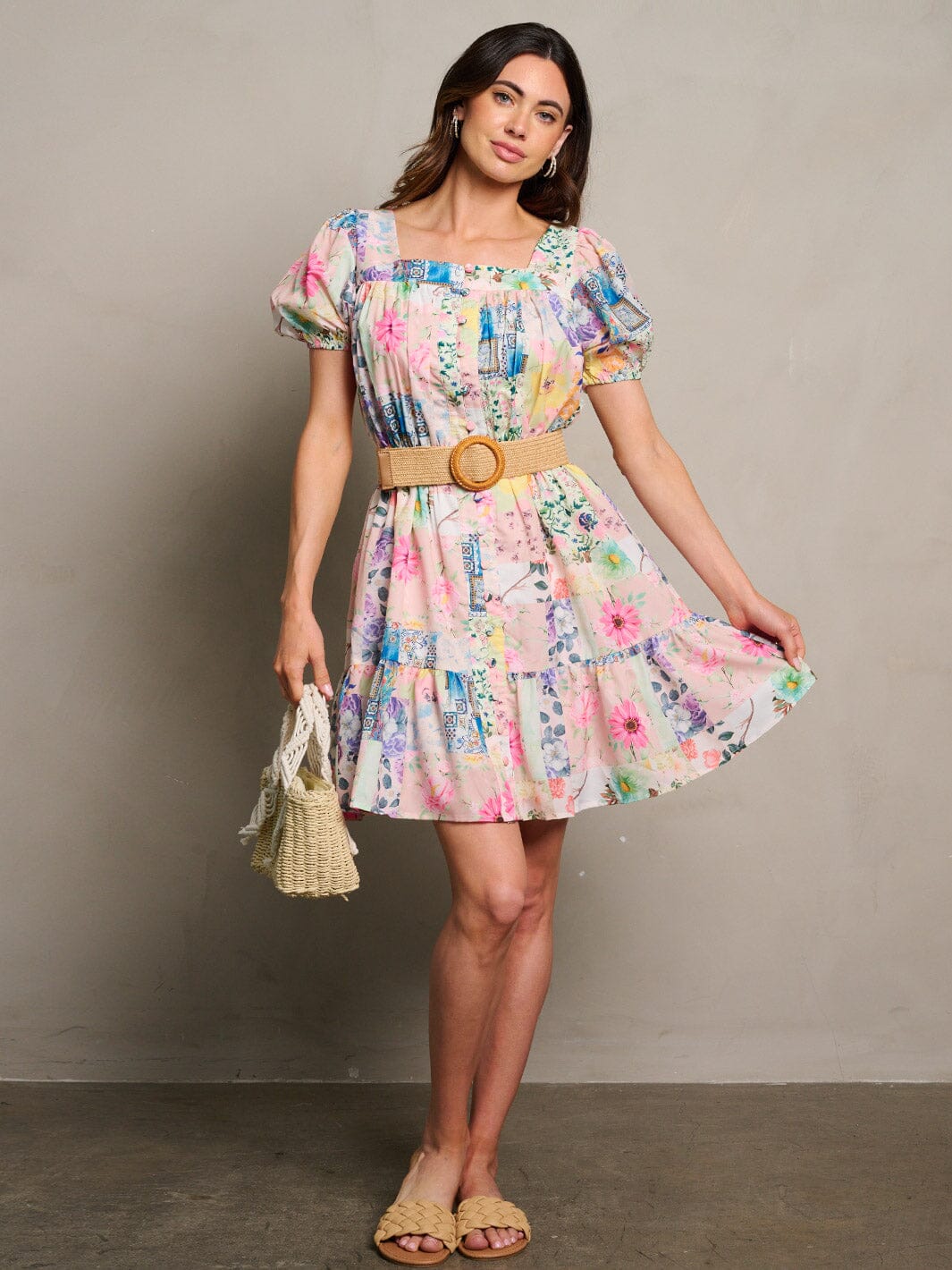 WOMEN'S SHORT SLEEVE BUTTON UP BELTED FLORAL MINI DRESS