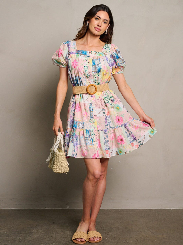 WOMEN'S SHORT SLEEVE BUTTON UP BELTED FLORAL MINI DRESS