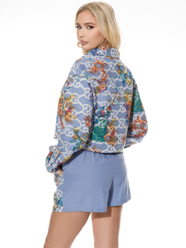 WOMEN'S LONG SLEEVE BLOUSE & ELASTIC WAIST SHORTS FLORAL DENIM 2PC. SET