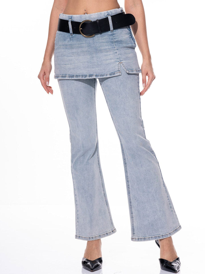 WOMEN'S ZIP UP OVERLAY SKIRT DENIM ONE PIECE BELTED BELL LEG PANTS