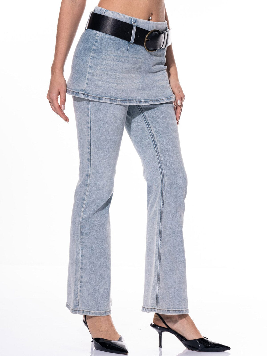 WOMEN'S ZIP UP OVERLAY SKIRT DENIM ONE PIECE BELTED BELL LEG PANTS