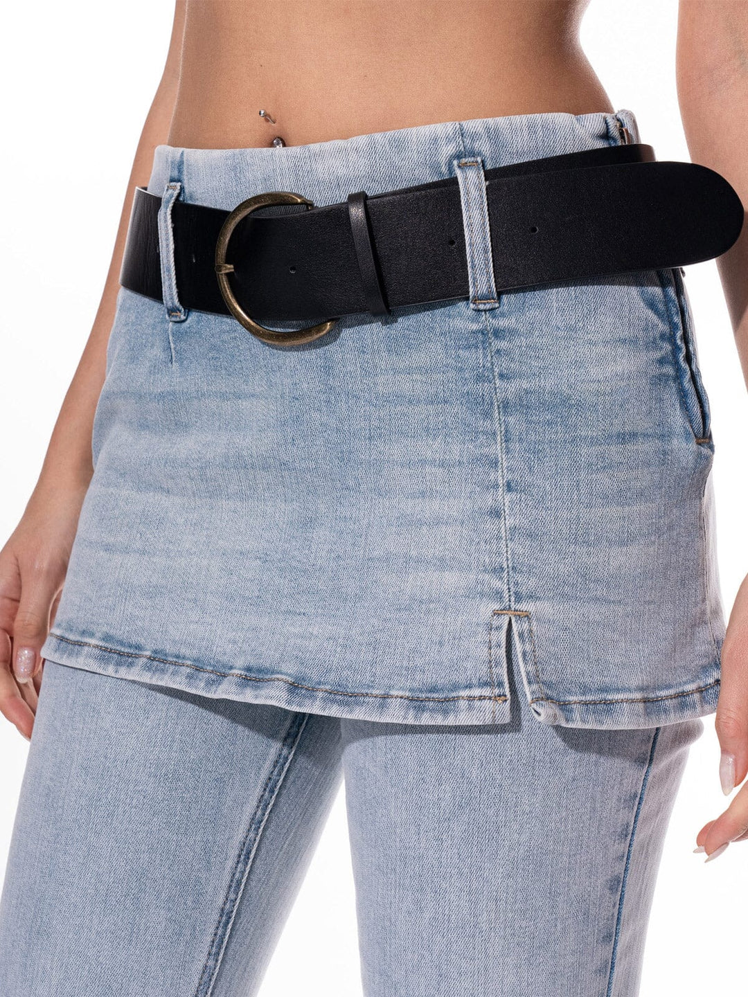 WOMEN'S ZIP UP OVERLAY SKIRT DENIM ONE PIECE BELTED BELL LEG PANTS