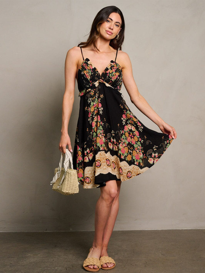 WOMEN'S SLEEVELESS V-NECK FLORAL OPEN BACK MINI DRESS