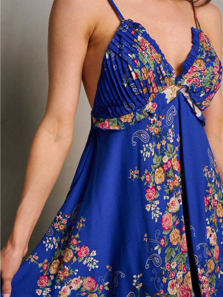 WOMEN'S SLEEVELESS V-NECK FLORAL OPEN BACK MINI DRESS