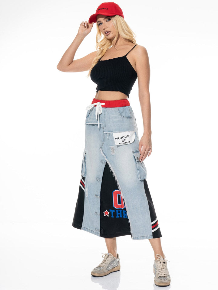 WOMEN'S ELASTIC WAIST SELF TIE POCKETS CONTRAST DENIM MAXI SKIRT