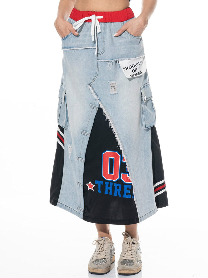 WOMEN'S ELASTIC WAIST SELF TIE POCKETS CONTRAST DENIM MAXI SKIRT