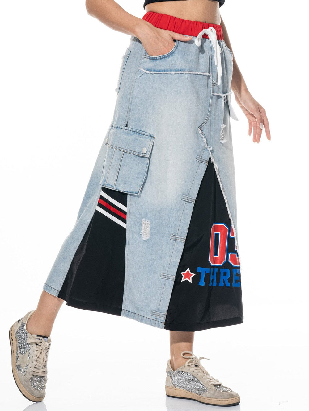 WOMEN'S ELASTIC WAIST SELF TIE POCKETS CONTRAST DENIM MAXI SKIRT