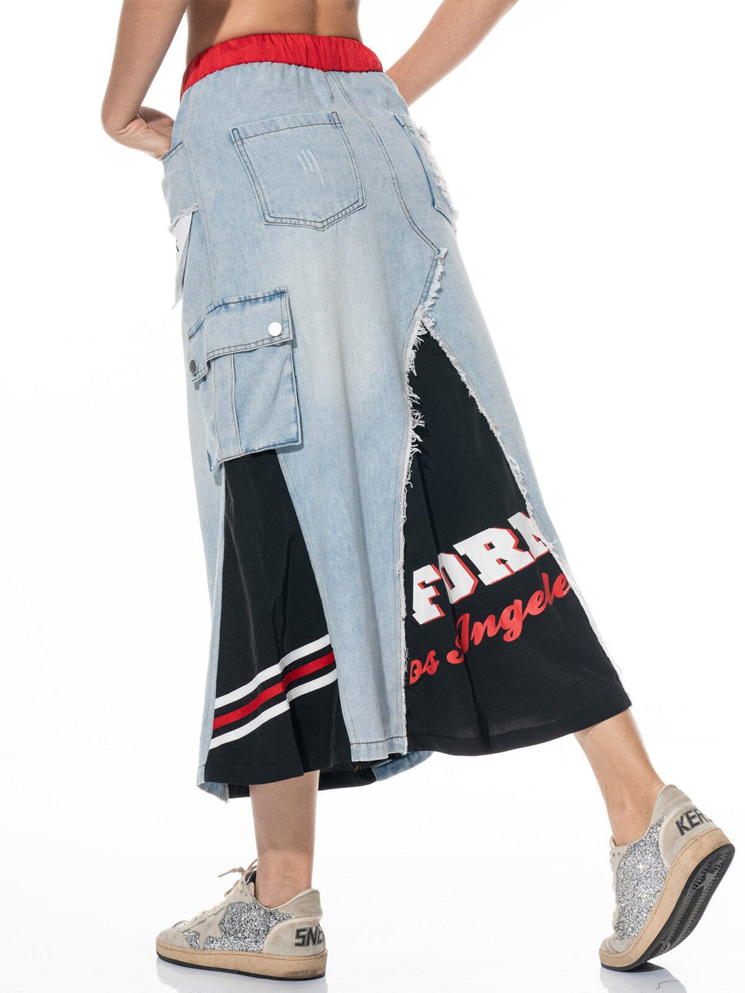 WOMEN'S ELASTIC WAIST SELF TIE POCKETS CONTRAST DENIM MAXI SKIRT