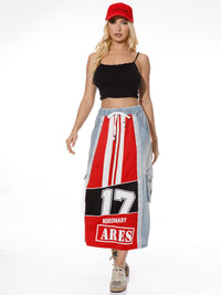 WOMEN'S ELASTIC WAIST SELF TIE POCKETS CONTRAST DENIM MAXI SKIRT
