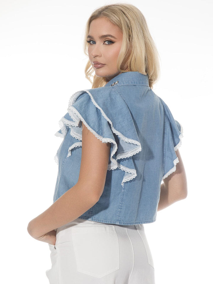 WOMEN'S SHORT RUFFLE SLEEVE BUTTON UP STUDS DETAILED DENIM BLOUSE