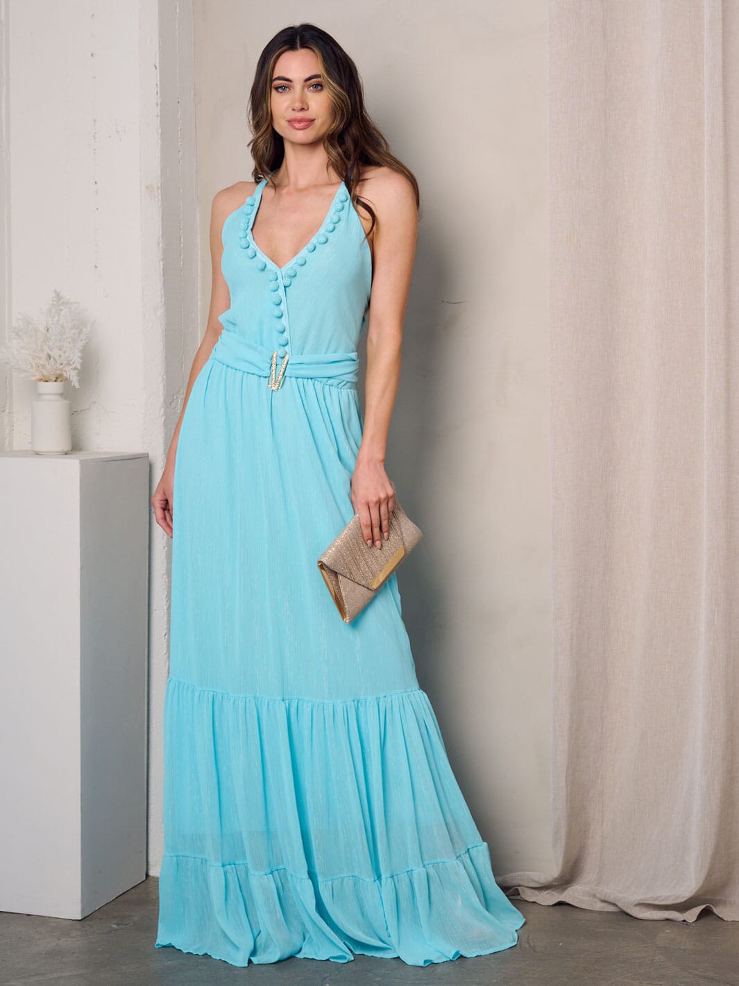 WOMEN'S V-NECK OPEN BACK TIERED MAXI DRESS