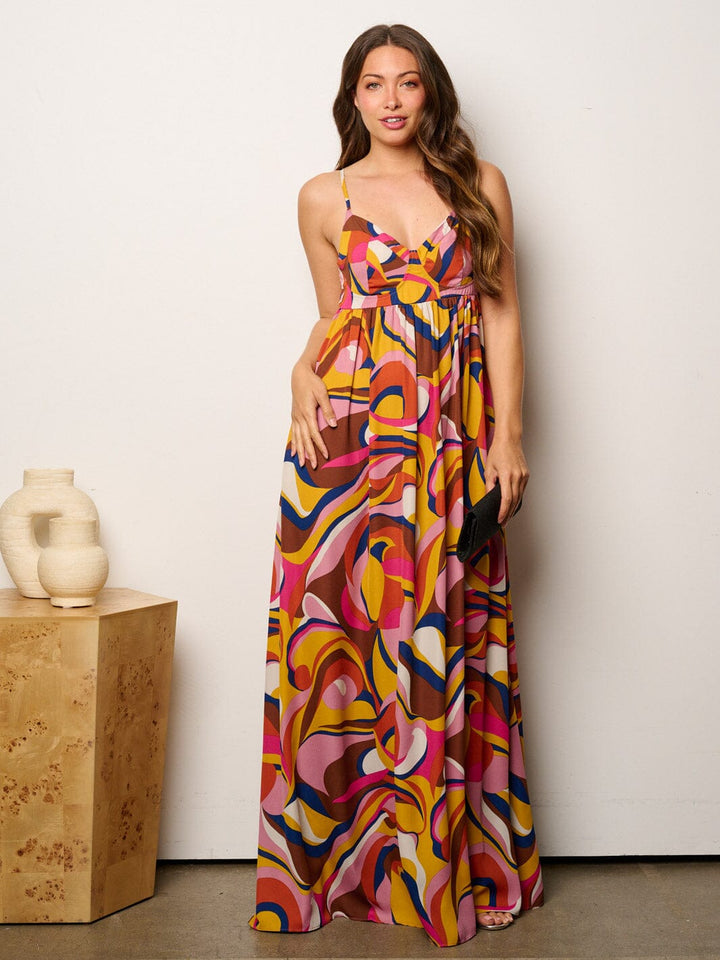 WOMEN'S SLEEVELESS V-NECK OPEN BACK MULTI PRINT MAXI DRESS