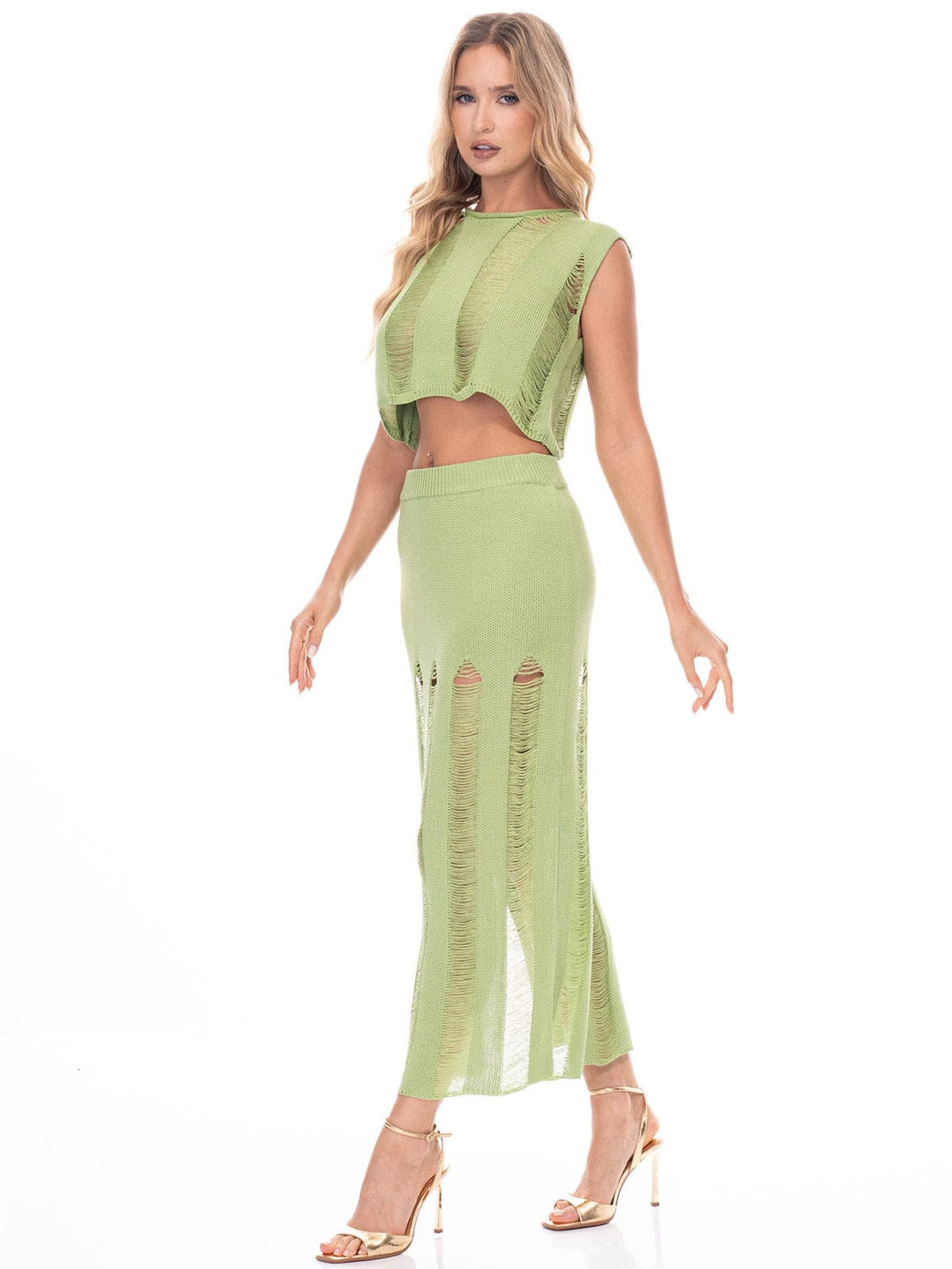 WOMEN'S SLEEVELESS CROP TOP & ELASTIC WAIST MAXI SKIRT DISTRESS DETAILED 2PC. SET