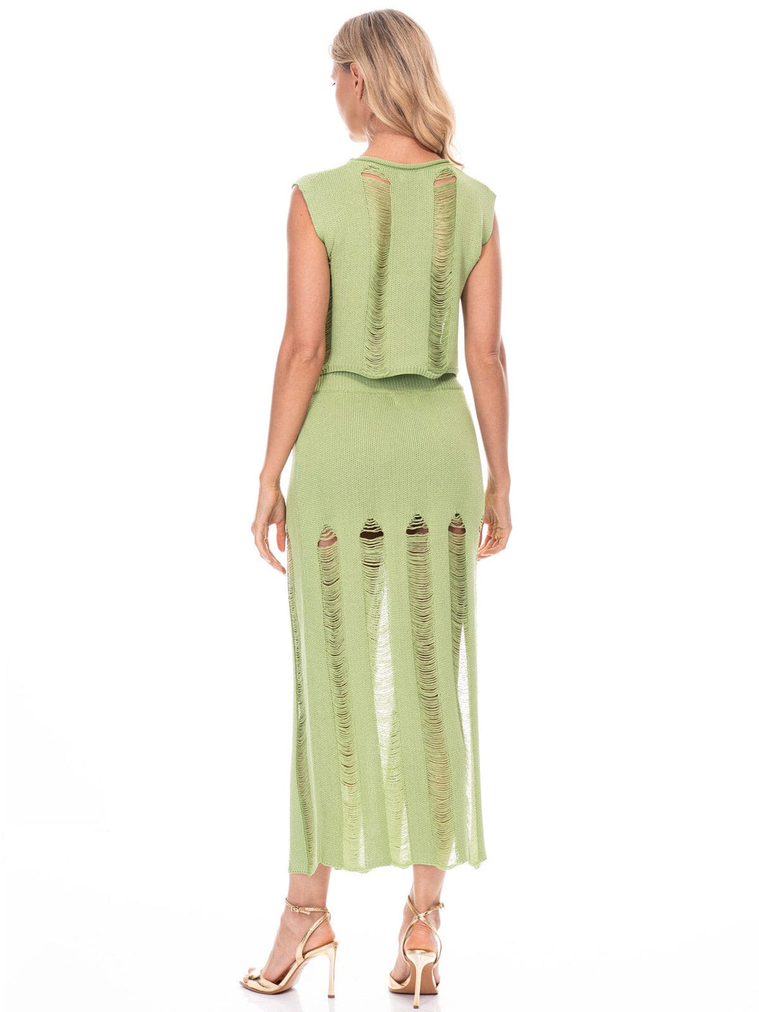 WOMEN'S SLEEVELESS CROP TOP & ELASTIC WAIST MAXI SKIRT DISTRESS DETAILED 2PC. SET
